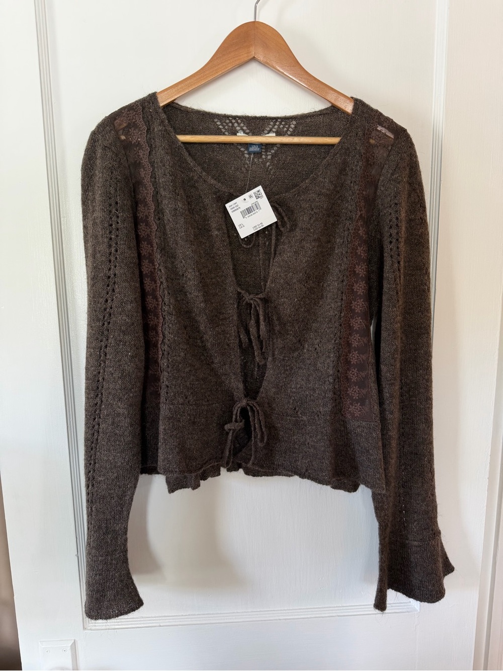 NWT AE Heirloom Brown Lace Knit Tie-Front Cardigan